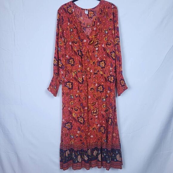 Old Navy Womens Floral Maxi Dress Red Size Large Petite Cottagecore Smocked Boho - Picture 1 of 9